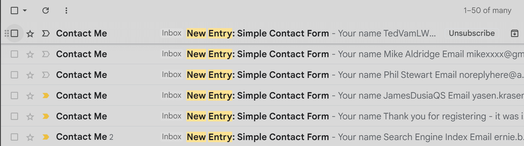 Examples of contact form spam