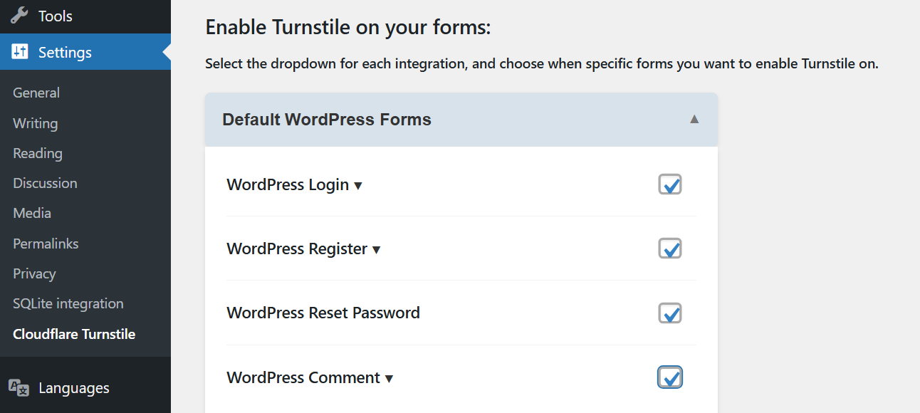 Enabling Turnstile widgets for WordPress forms.