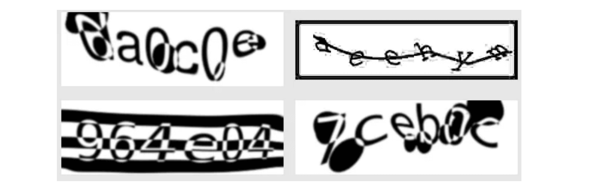 Older CAPTCHA styles on the web.