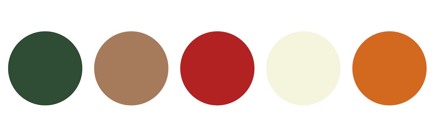 a green, red, brown, and orange color palette with five different colored circles