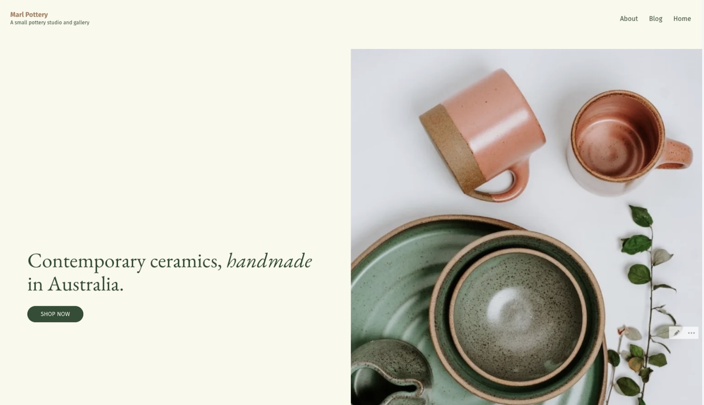 a screenshot of a website with a creamy beige background and green text and a photo of ceramics