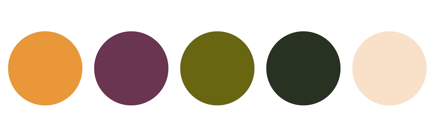 a yellow, purple, and green color palette with five different colored circles