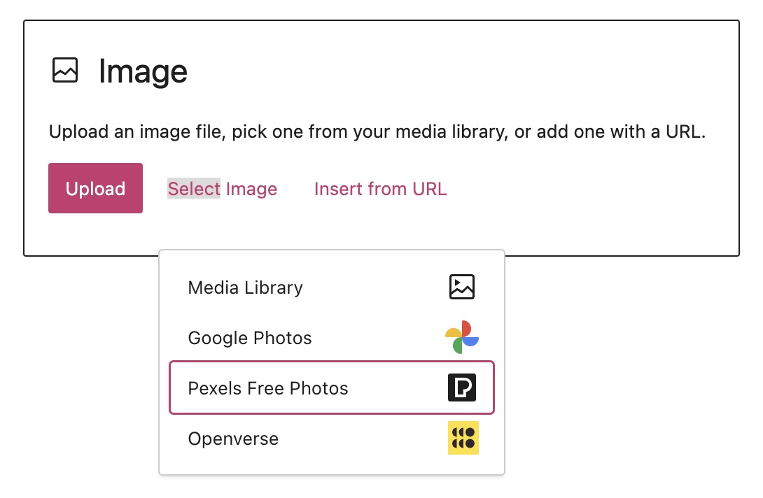 the Pexels Free Photos button selected in the WordPress.com editor
