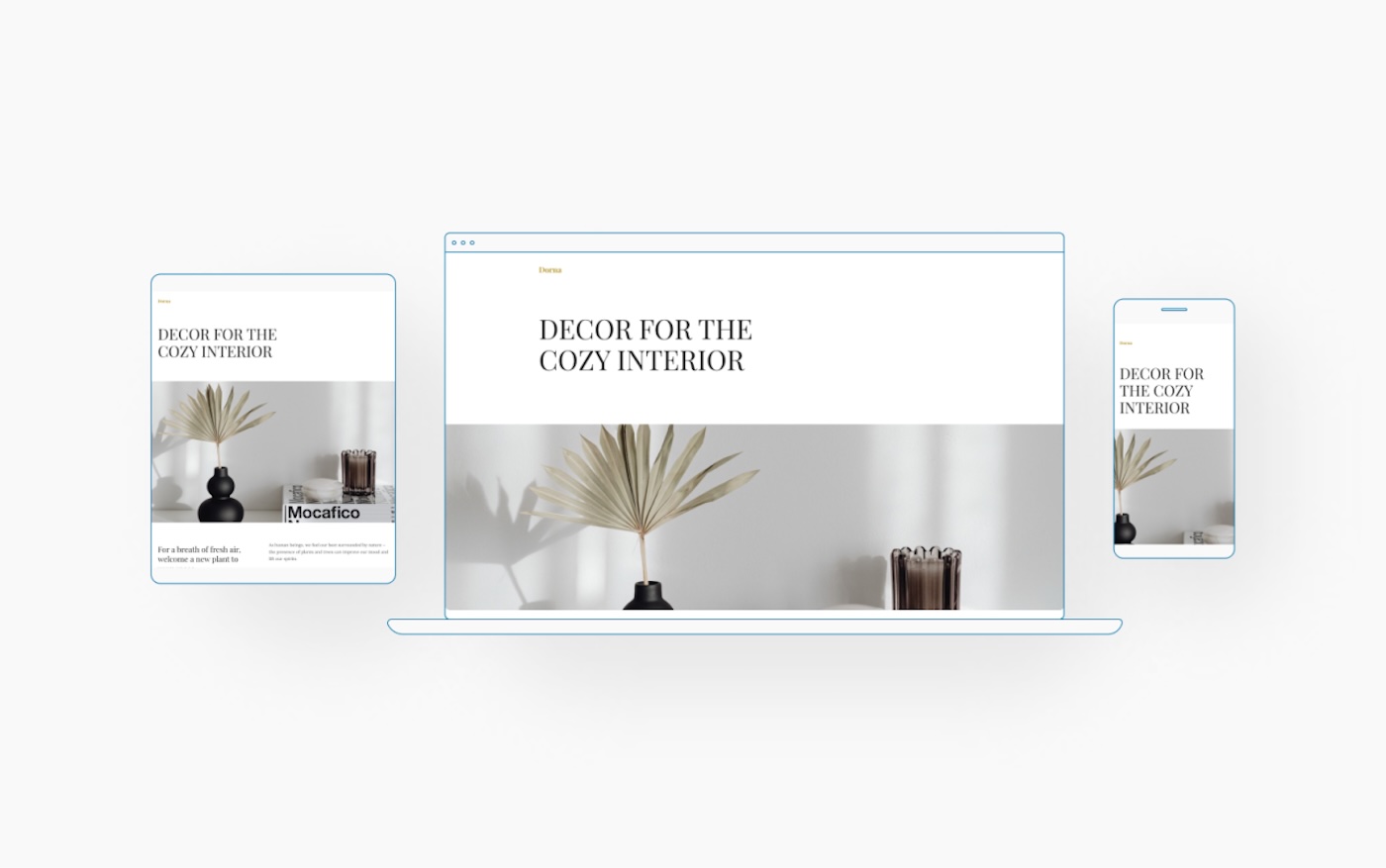 an iPad, computer, and mobile view of the Dorna WordPress.com theme on a light grey background