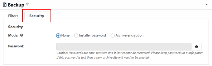 Enabling backup security features in Duplicator