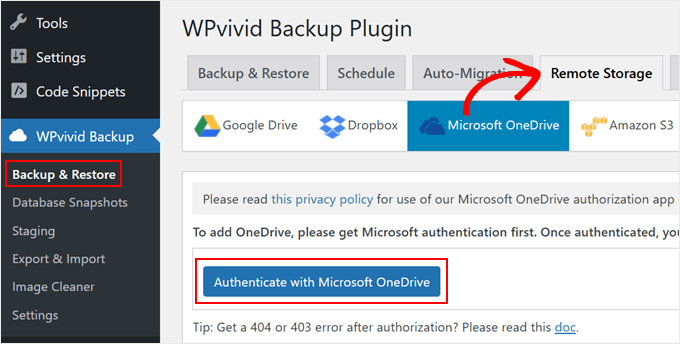 Setting up WPvivid to connect with OneDrive