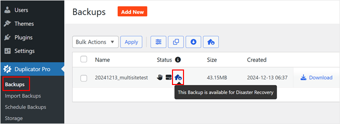 Assigning a Duplicator backup as a disaster recovery point