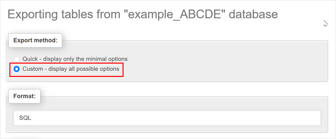 Choosing an export method in phpMyAdmin