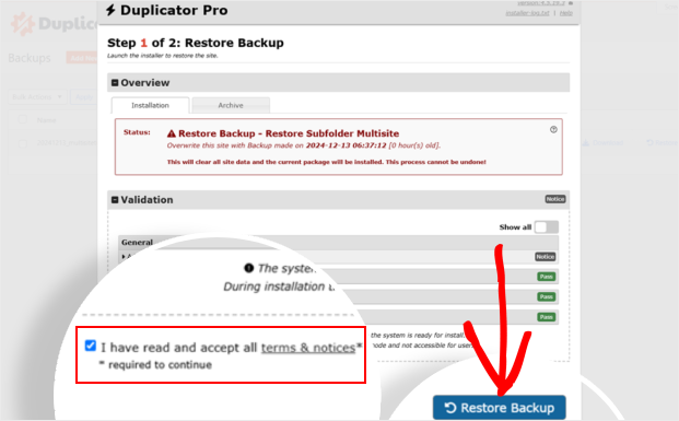 Restoring the multisite backup made with Duplicator