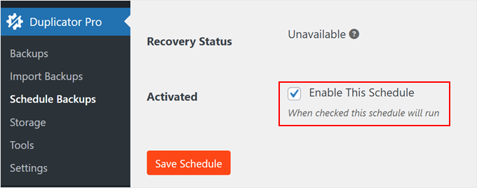 Saving a backup schedule in Duplicator