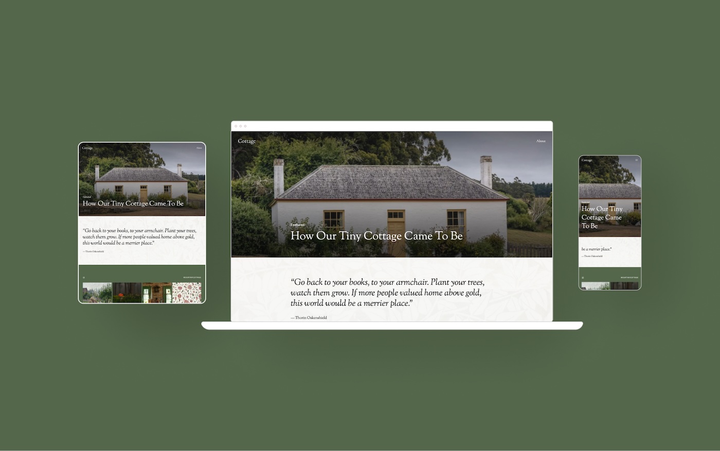 an iPad, computer, and mobile view of the Cottage WordPress.com theme on a green background