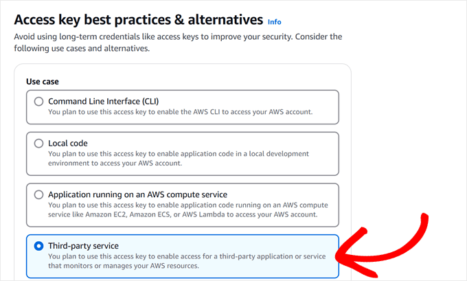 Choosing third-party service when creating Amazon S3 access keys