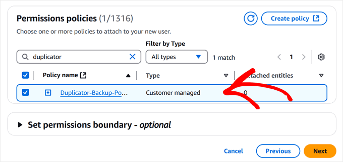 Choosing an Amazon S3 policy to attach to the user