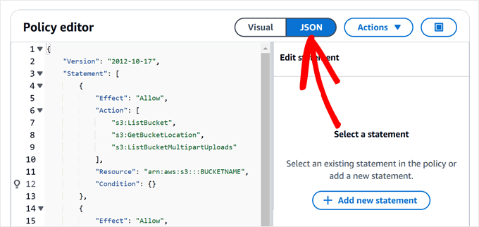 Pasting JSON permission code in Amazon S3