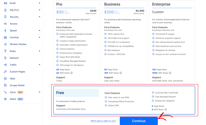 Select Cloudflare free plan